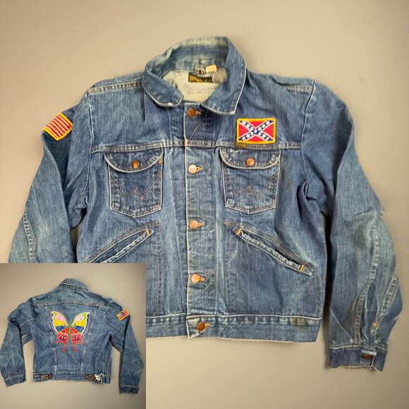 1970s Wrangler USA Denim Jacket 42 | Trucker Fit | Embroidered Butterfly - Picture 1 of 15